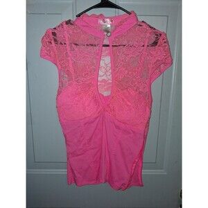 Lydia USA Hot Pink Lace Blouse Women's Medium Sheer Keyhole Short Sleeve Top